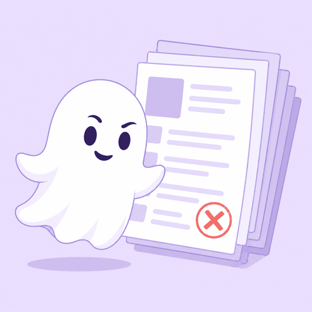 Illustration of a ghost floating in front of a stack of job listings