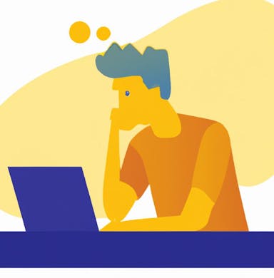 flat art illustration of a person thinking really hard and working on a laptop