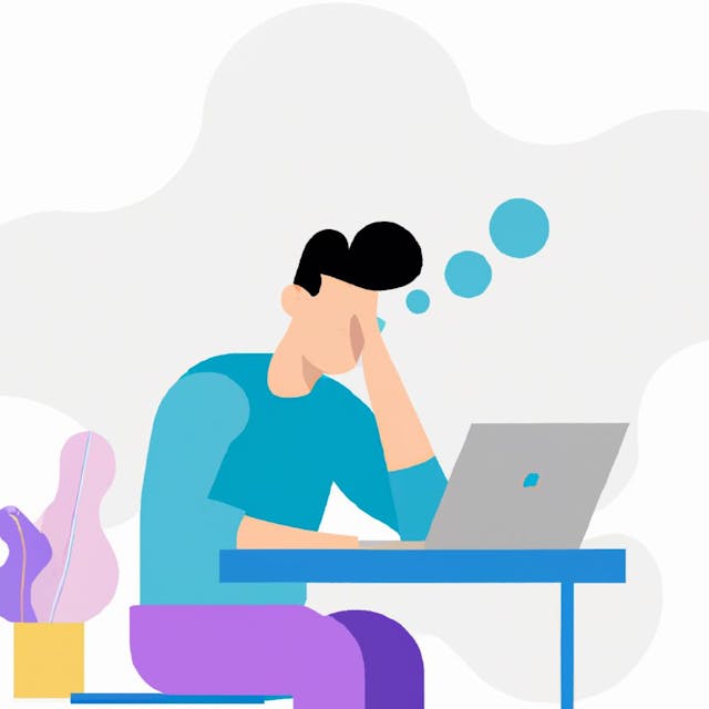 flat art illustration of a person thinking really hard and working on a laptop