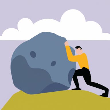 flat art illustration of a person pushing a boulder up a hill