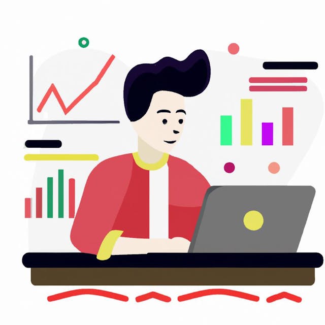 flat art illustration of product analyst working on a laptop