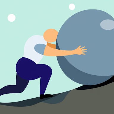 flat art illustration of person pushing a rock up a hill