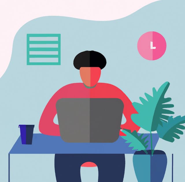 flat art illustration of a technical writer working on a laptop in their home office